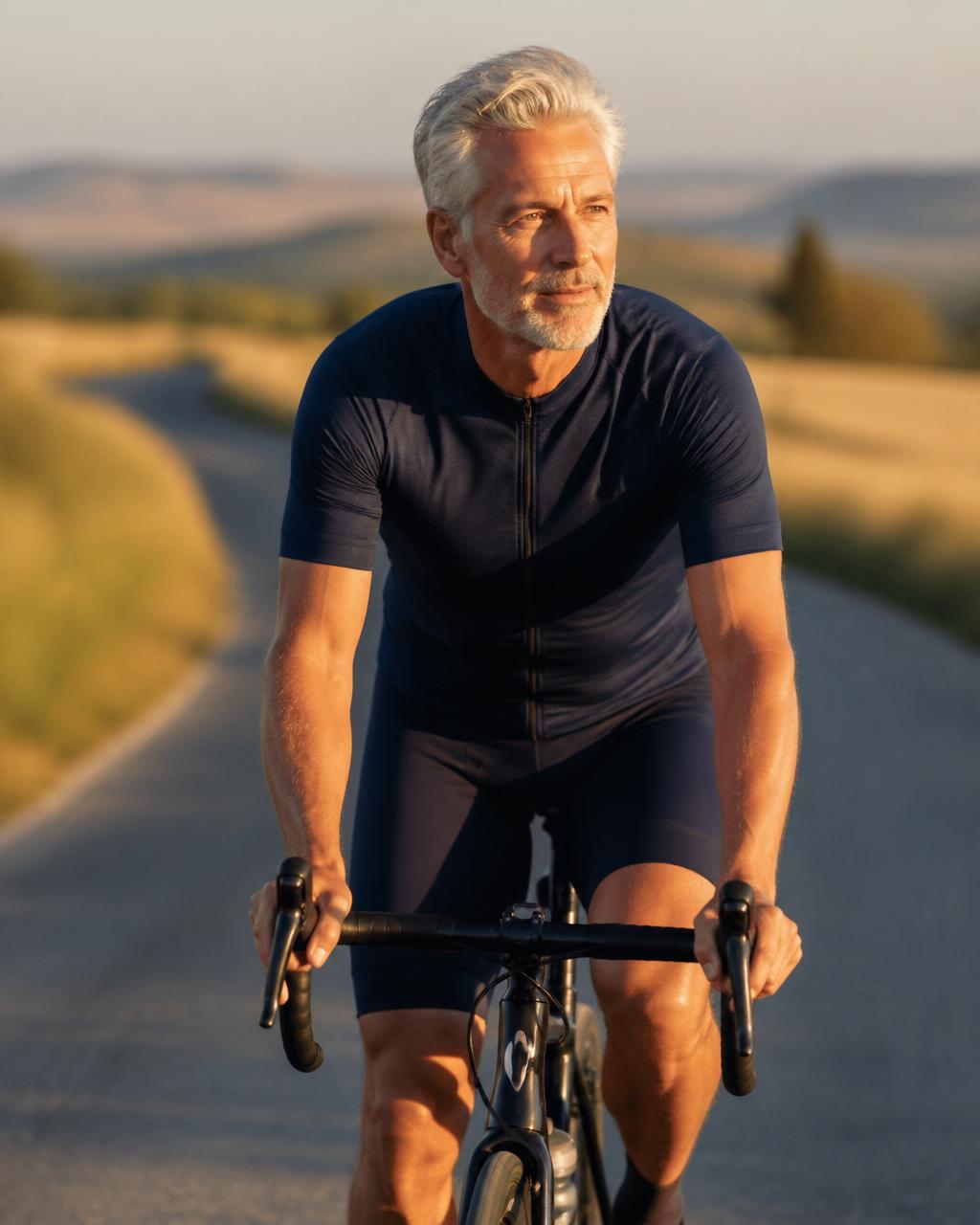 Active 60-year-old man cycling on a country road