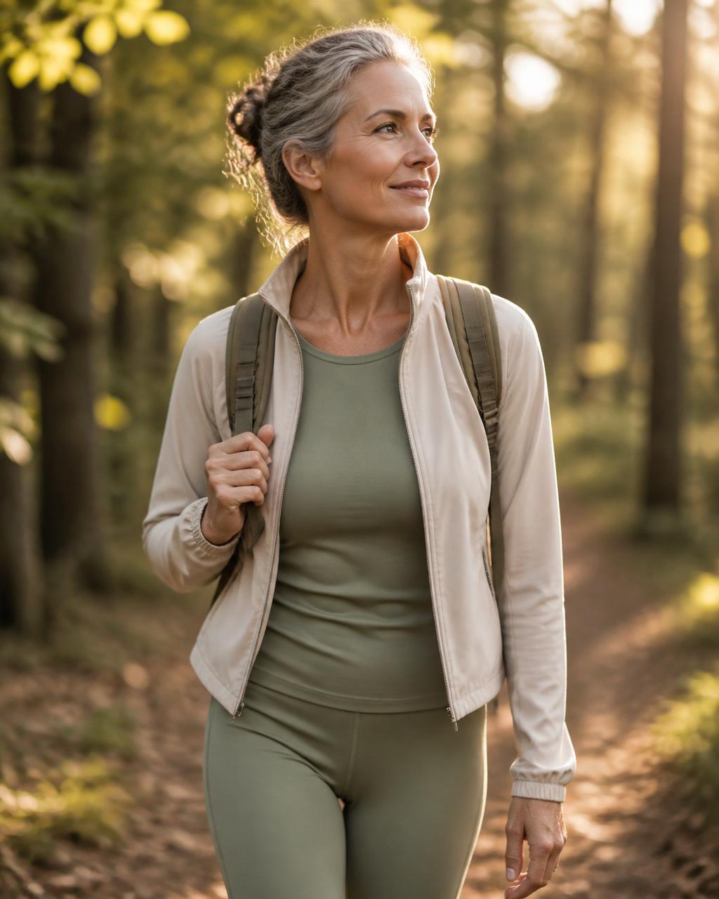 Active adults hiking through a forest trail