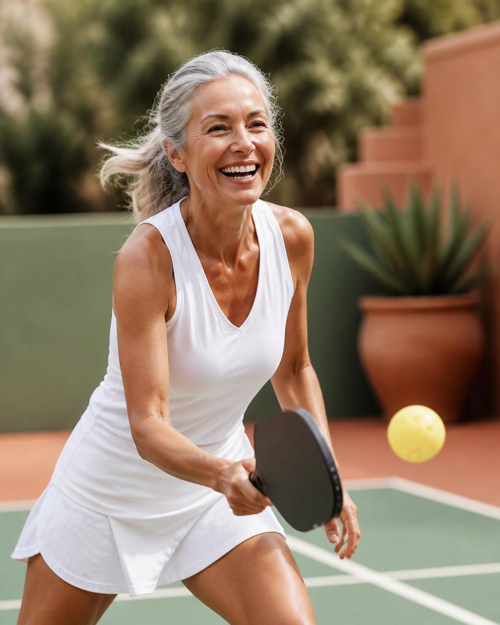 Active 58-year-old woman playing pickleball